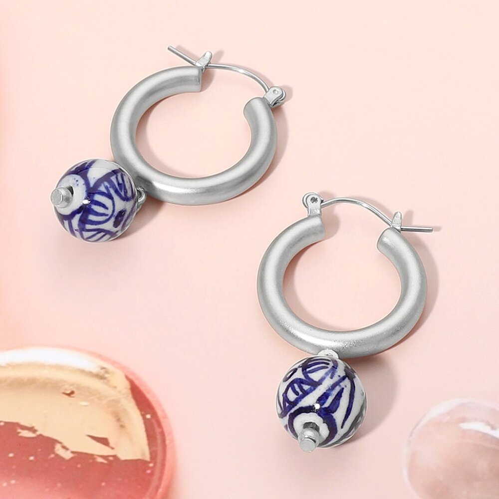 Silver Dipped Ceramic Ball Dangle Pin Catch Hoop Earrings